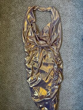 Iridescent Metallic Halter Dress - Gold/Purple Shine